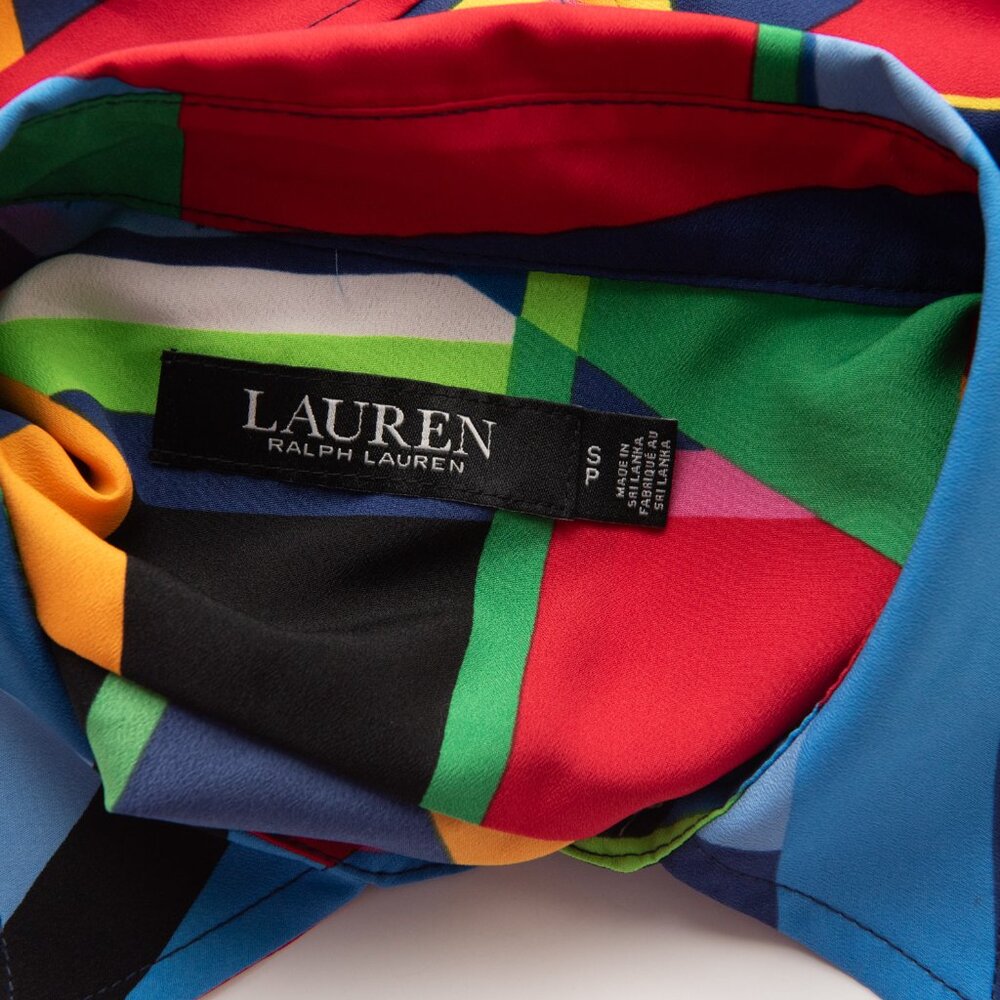 Ralph Lauren Crepe Shirt Abstract Print Blouse Colorful Polo Black Size Small - Picture 3 of 6
